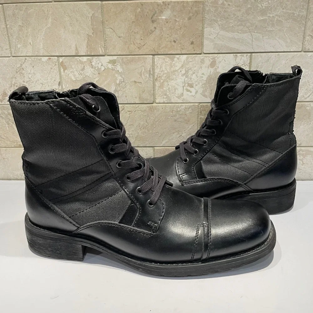 INC Black Leather Canvas Combat Boots Side Zip Cap Toe Lug Sole Tactical US 11